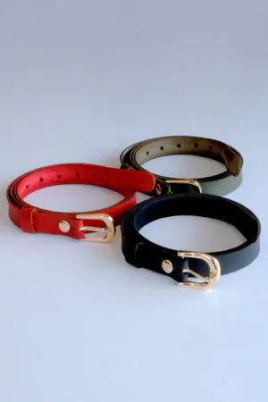 Slender Faux Leather Waist Belt Trio Black Red Olive Buckles