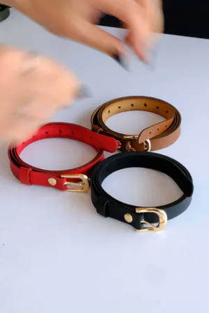 Three Faux Leather Cinch Belts Red Tan Black Buckles