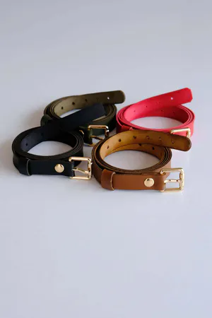 Vegan Leather Slim Belt Set Black Brown Red Olive Buckles