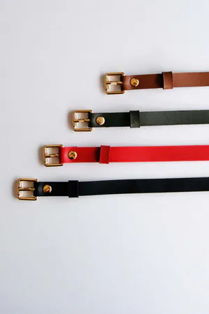 Vegan Leather Slim Belt Set Black Brown Red Olive Buckles