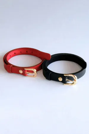 Red and Black Faux Leather Slim Belts with Gold Buckles
