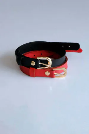 Red and Black Faux Leather Slim Belts with Gold Buckles