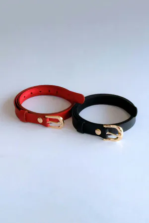 Red and Black Faux Leather Slim Belts with Gold Buckles