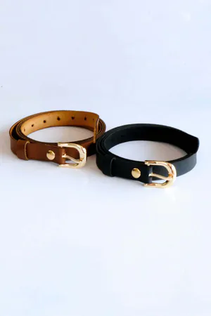 Black and Tan Faux Leather Slim Belt Set Gold Buckles Fashion Accessory