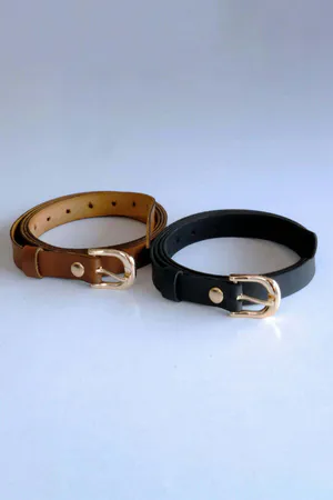Black and Tan Faux Leather Slim Belt Set Gold Buckles Fashion Accessory