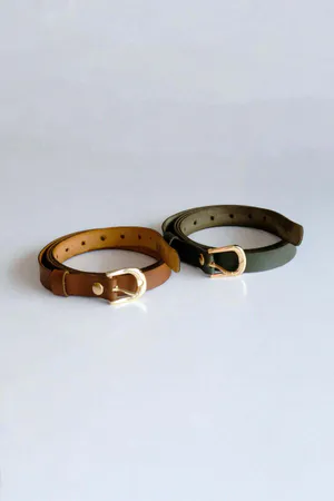 Slim Faux Leather Waist Belt Set Brown Olive Green Buckle