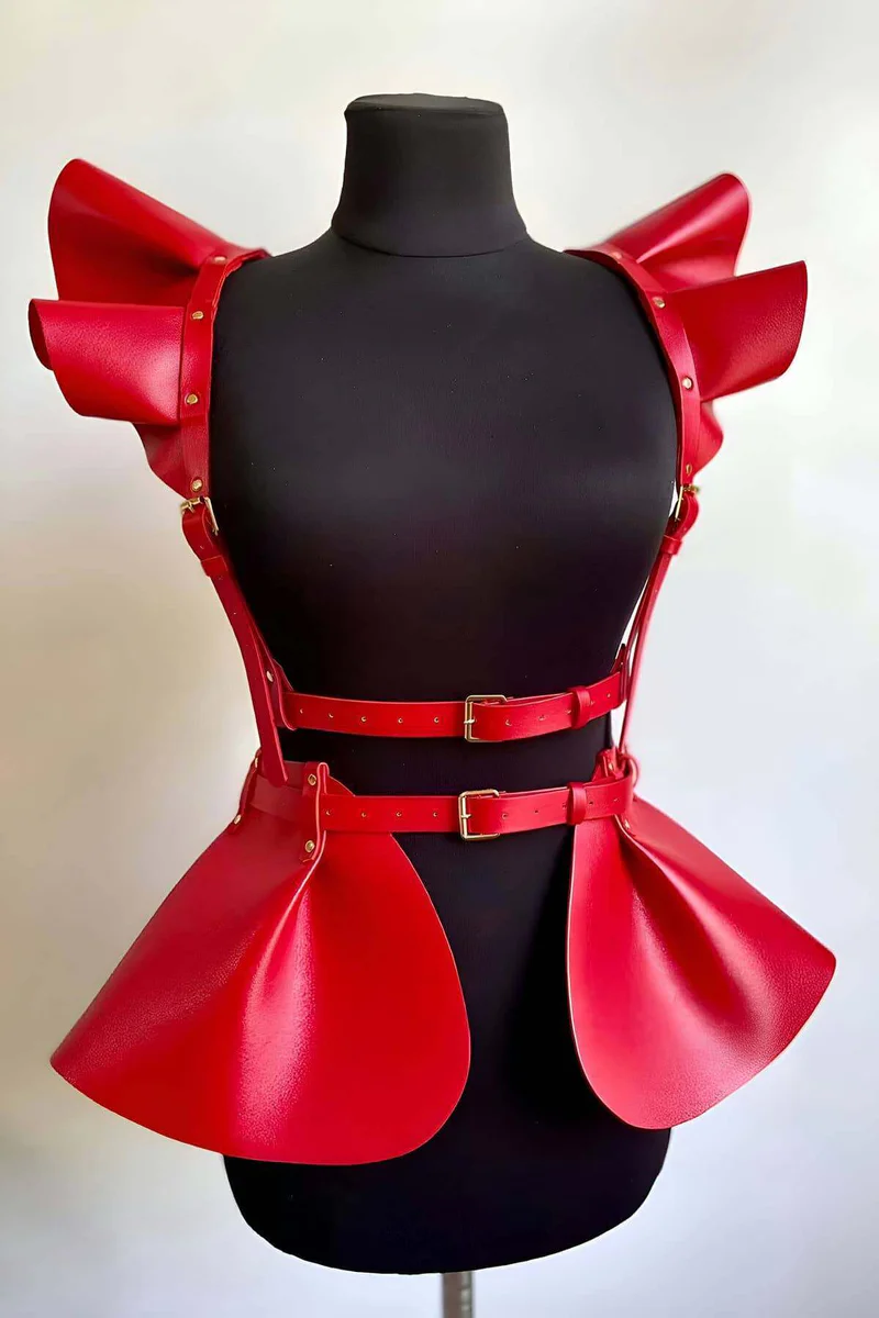 Kırmızı vegan deri harness kemer seti