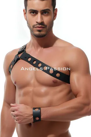 Black Perforated Vegan Leather Chest Harness and Cuff Set