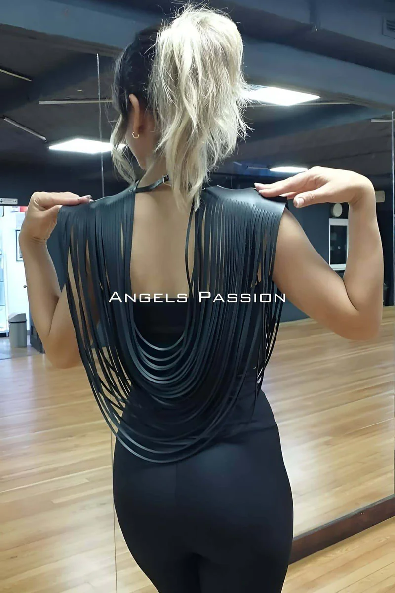 Black fringe shoulder harness shown styled with a bandeau top