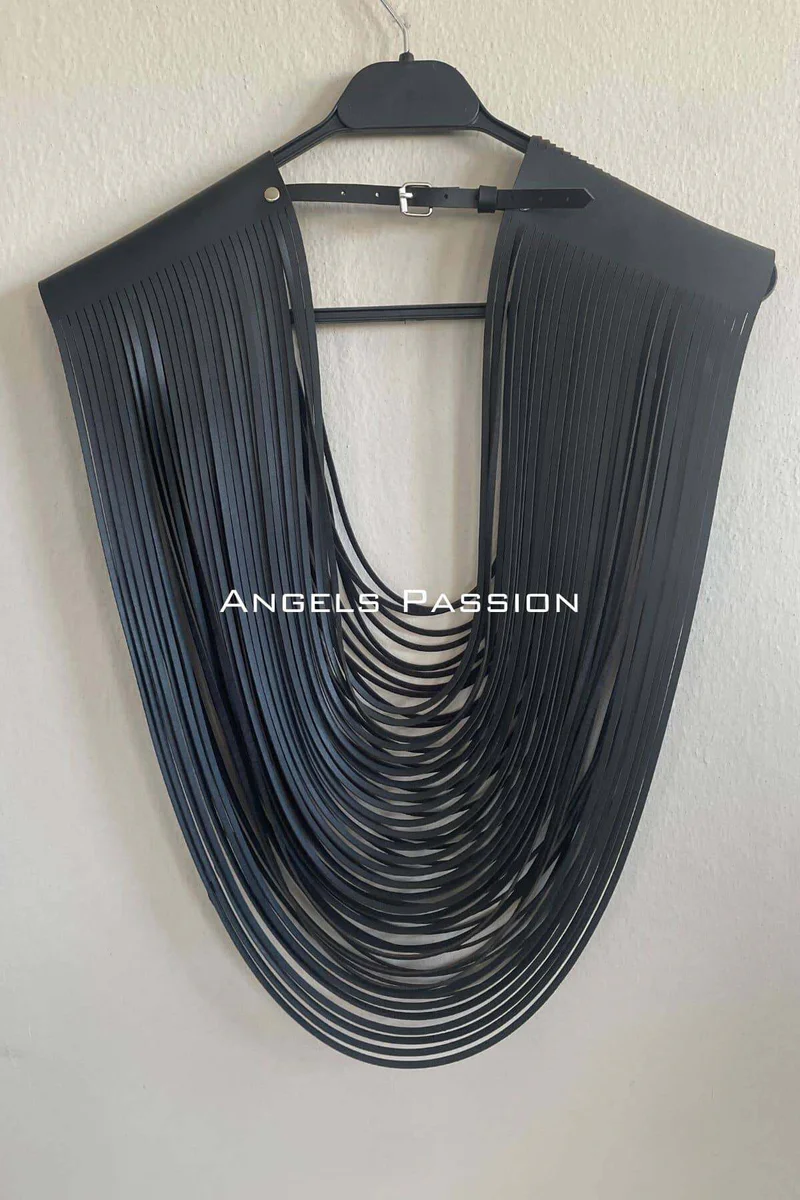 Black fringe festival accessory with adjustable neck strap