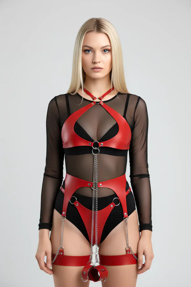 Leather body harness set red with chain straps