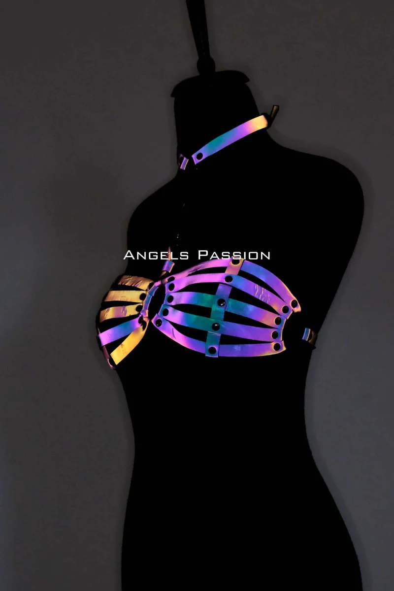Reflective harness rave outfit showing O-ring and choker detail