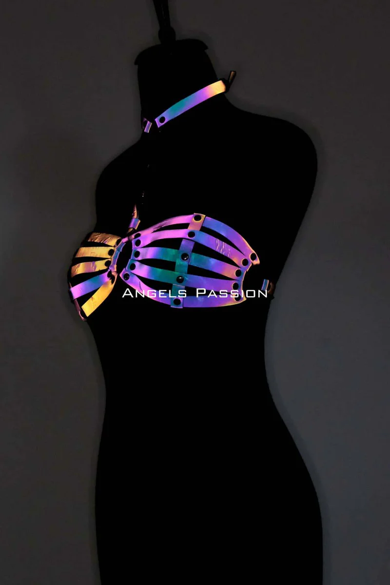 Iridescent festival choker detail from harness set