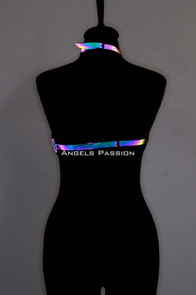 Full body shot of the reflective chest harness and choker ensemble.