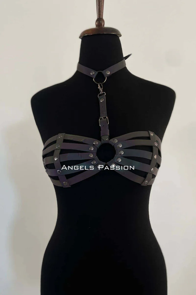 Reflective chest harness gray with o-ring and choker detail