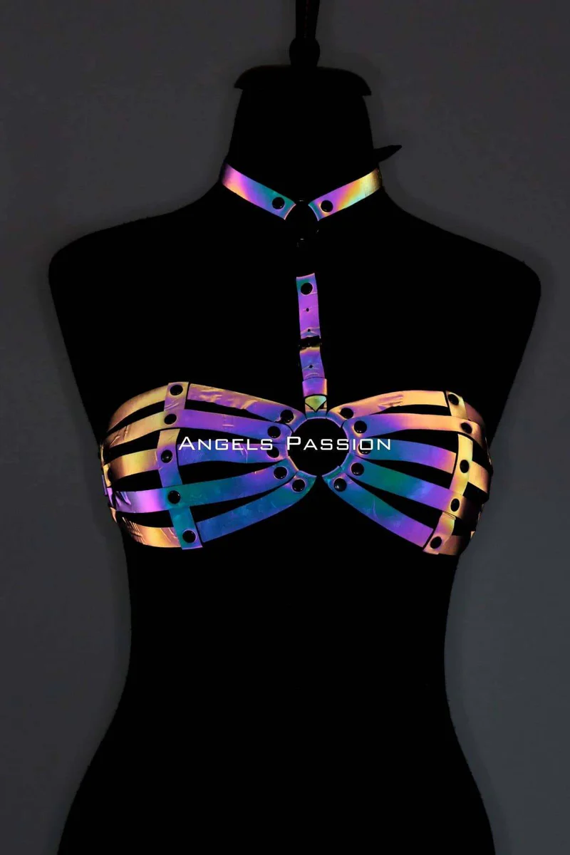 Reflective festival harness with O-ring and choker strap detail