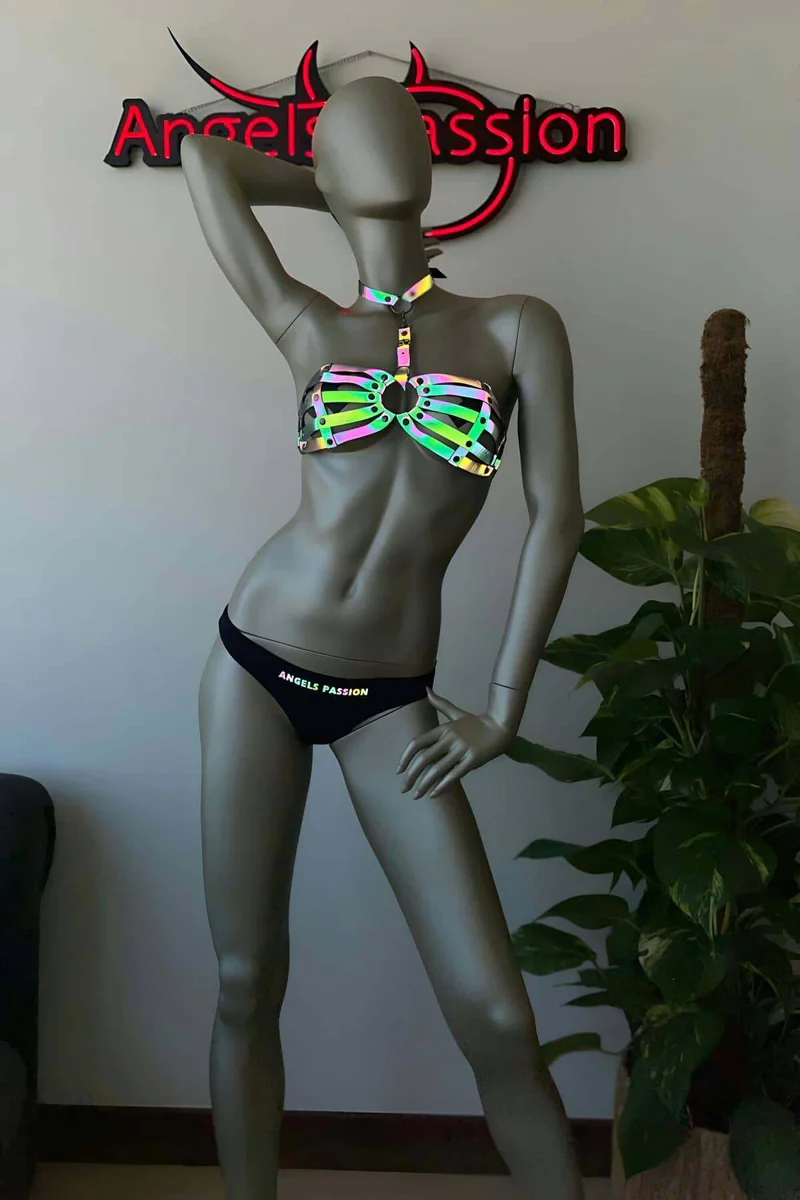 Reflective chest harness lingerie set with O-ring and choker