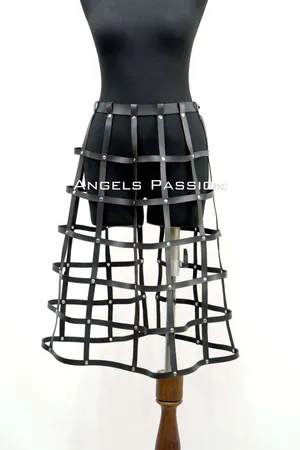 Black Faux Leather Cage Skirt Harness with Silver Studs Worn on Mannequin