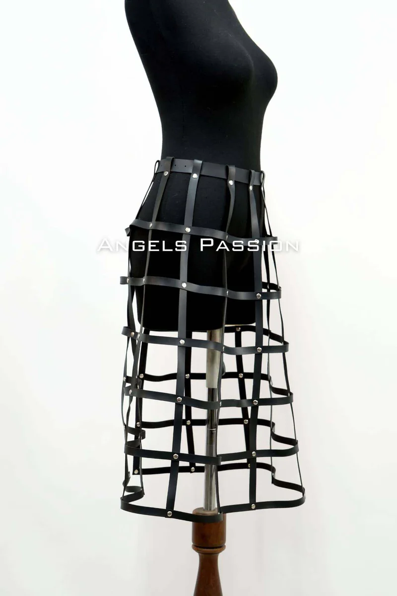 Black faux leather caged skirt harness on mannequin