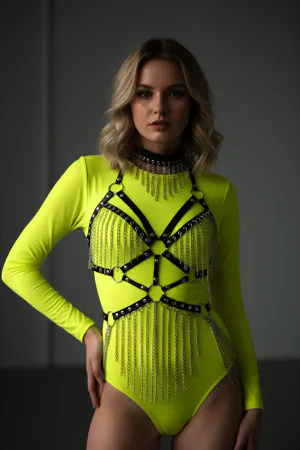 Zincirli Deri Harness, Deri Dansçı Kostüm, Choker Detaylı Deri Harness - APFT1397