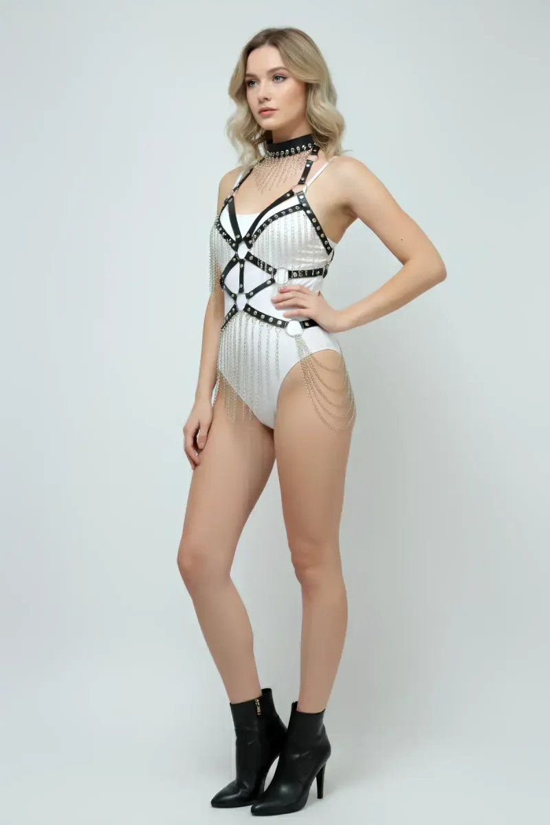 Zincirli Deri Harness, Deri Dansçı Kostüm, Choker Detaylı Deri Harness - APFT1397