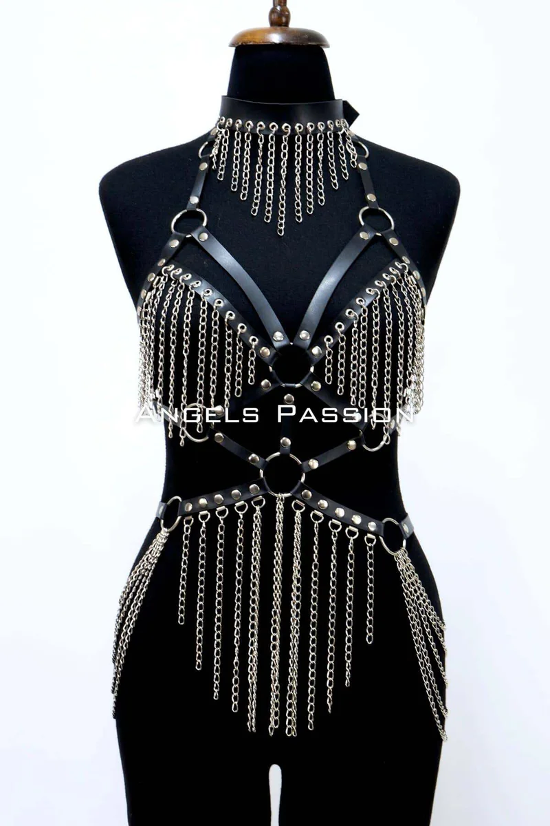 Zincirli Deri Harness, Deri Dansçı Kostüm, Choker Detaylı Deri Harness - APFT1397