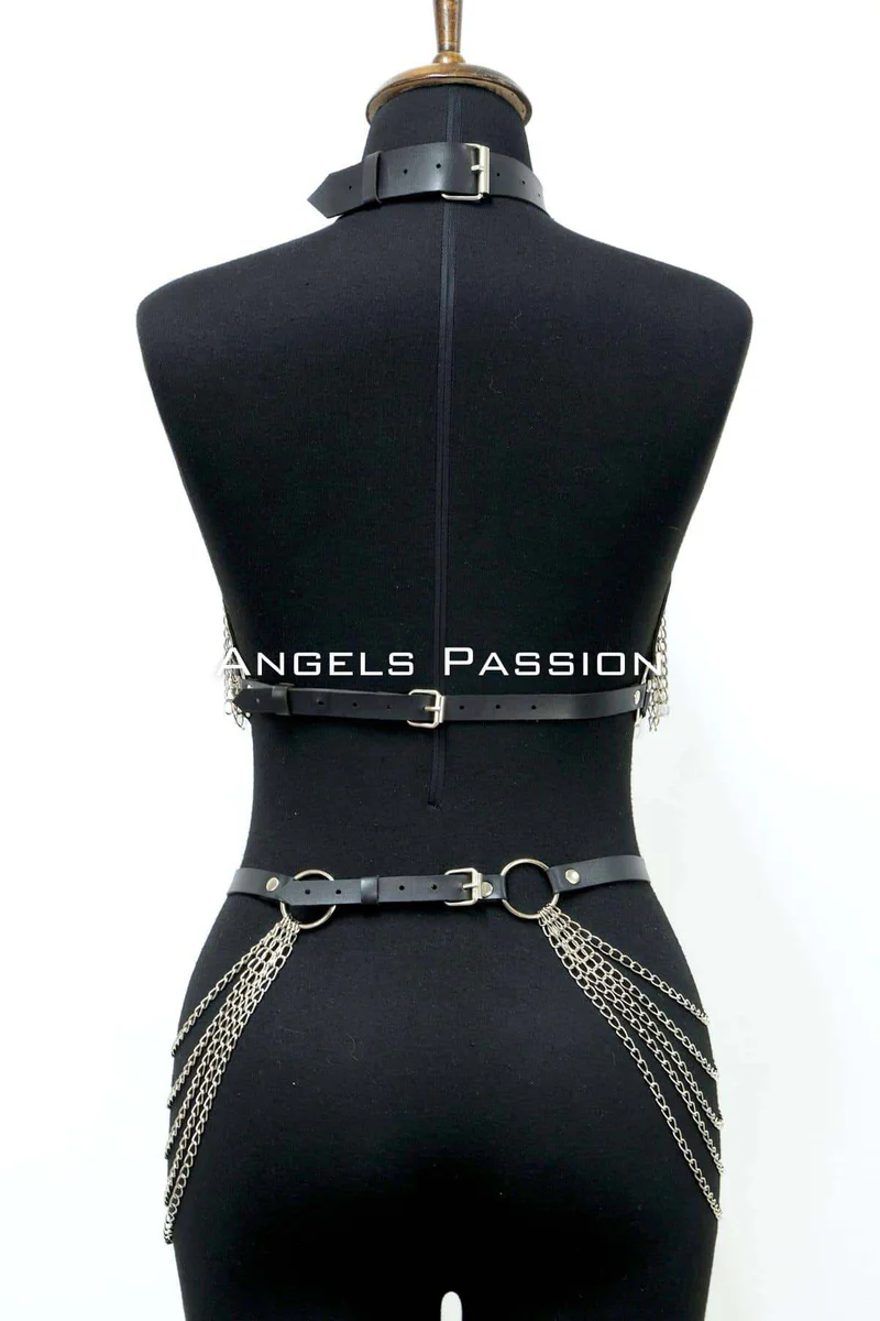 Zincirli Deri Harness, Deri Dansçı Kostüm, Choker Detaylı Deri Harness - APFT1397