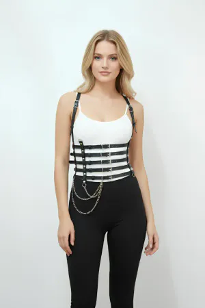 Black Faux Leather Waist Harness with Five Straps and Draped Silver Chain