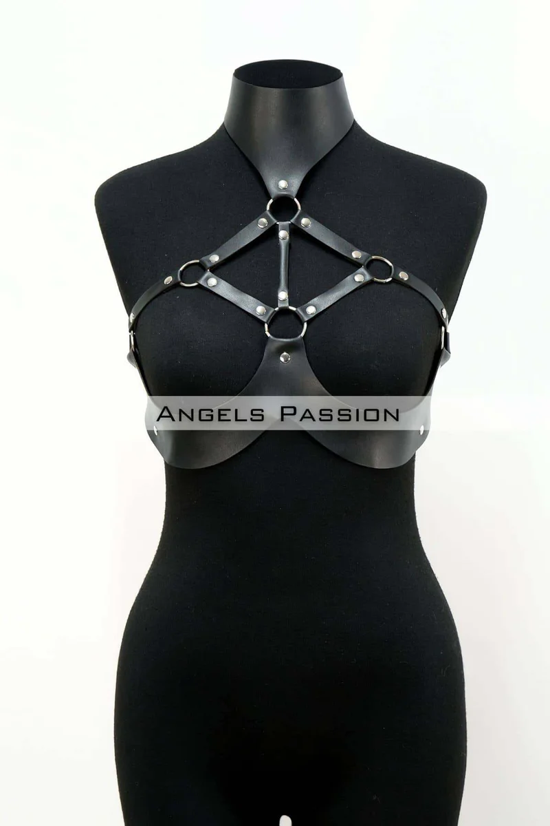 black O-ring harness lingerie with diamond chest detail
