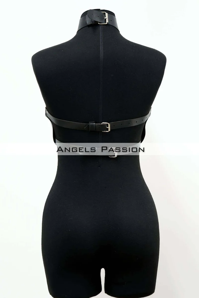 Black choker body harness with O-ring detail visible from the back
