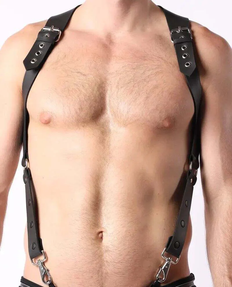 Black Faux Leather Suspenders Harness Back View showing Clasp Attachment