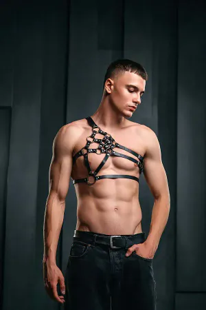 Black Faux Leather One-Shoulder Harness with O-Ring Chest Cage
