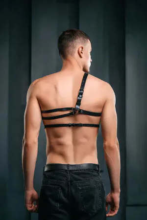 Black Faux Leather One-Shoulder Harness with O-Ring Chest Cage