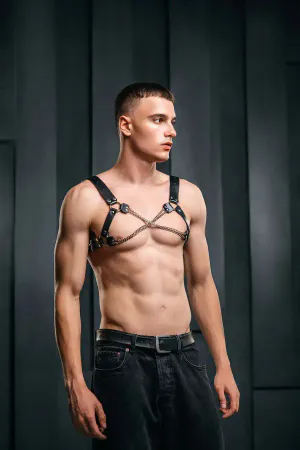 Black Faux Leather Chest Harness for Men with Intersecting Silver Chains