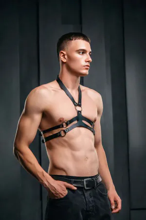 Black Faux Leather Chest Harness with Layered O-Rings on a woman