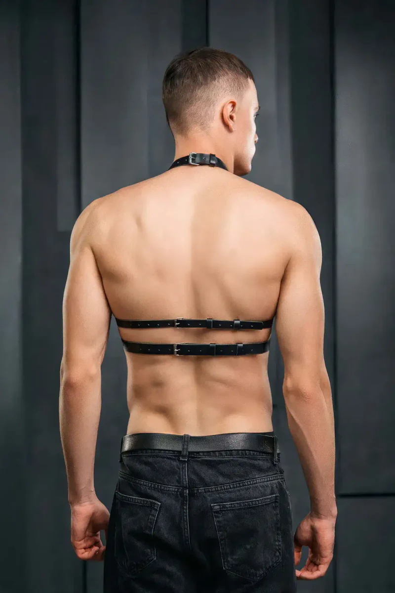 Chest harness black faux leather O-ring detail showing back view