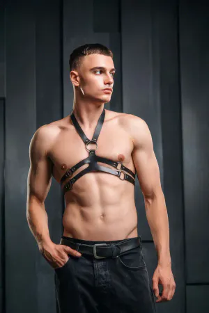 Black Faux Leather Chest Harness with Layered O-Rings on a woman