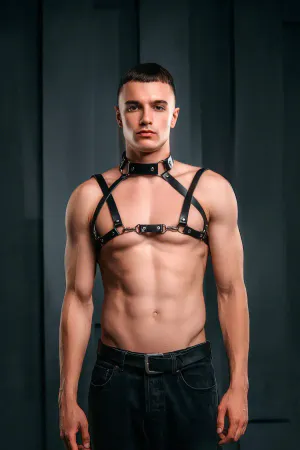 Black Vegan Leather Mens Chest Harness with Silver O-Rings