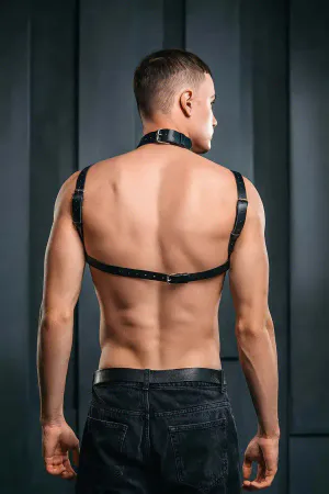 Black Vegan Leather Mens Chest Harness with Silver O-Rings