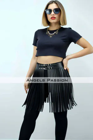 47 cm Şık Püsküllü Deri Etek, Şort Üzeri Püsküllü Etek, Püsküllü Şık Mini Etek - APFT1401