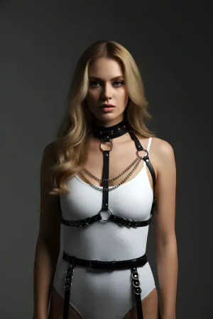 Black Faux Leather Full Body Harness with Choker and Chains, worn by model