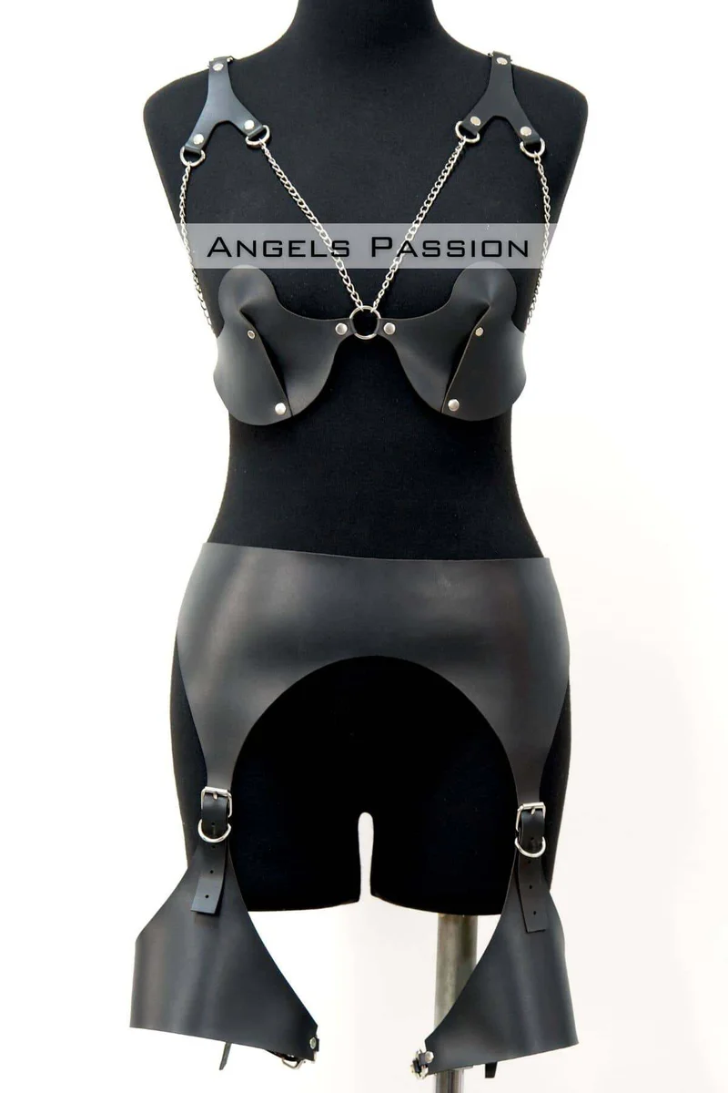 Festival black faux leather harness bra