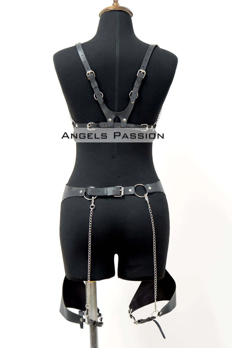 Festival black faux leather lingerie set with chains