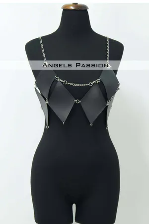 Black Faux Leather Diamond Plate Chest Harness Geometric Design