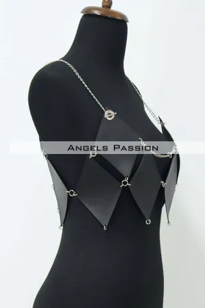 Black Faux Leather Diamond Plate Chest Harness Geometric Design