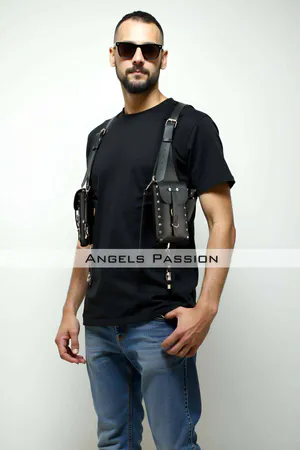 Black Faux Leather Chest Harness with Studded Holster Pockets