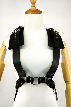 Black Faux Leather Body Harness Back View Wide Corset Waist Lacing