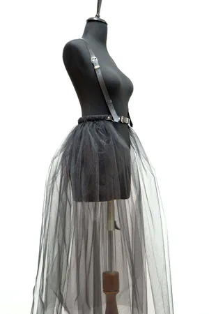 Long Black Tulle Skirt with Faux Leather Body Harness worn by model