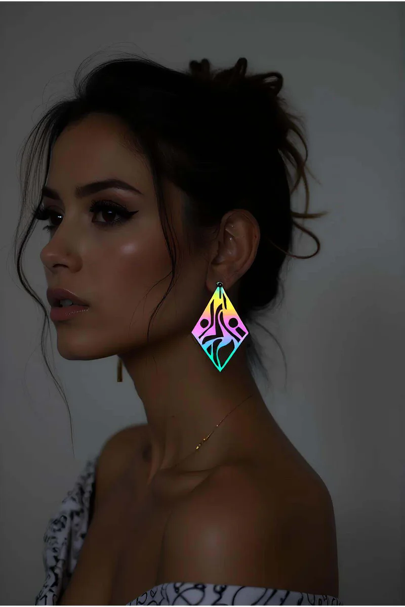 Rainbow Reflective Geometric Earrings Laser Cut with Tribal Pattern
