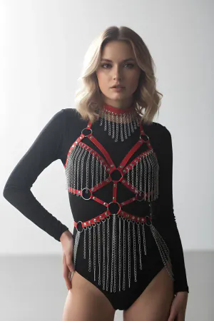 Deri ve Zincir Detaylı Harness Takım, Deri Dansçı Kostüm, Choker Detaylı Deri Harness - APFT1397